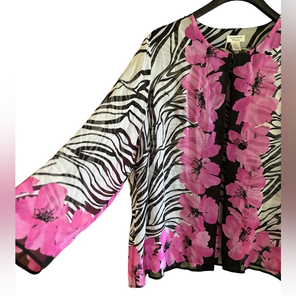 Laura Ashley Pink Black Floral Beaded Silk Sheer Kimono Blouse Women Size 2X